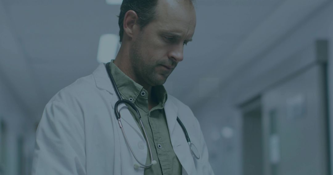 Male Doctor in Hospital Corridor with Stethoscope