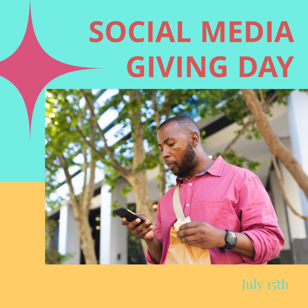 Social Media Giving Day with African American Man Using Smartphone - Download Free Stock Templates Pikwizard.com