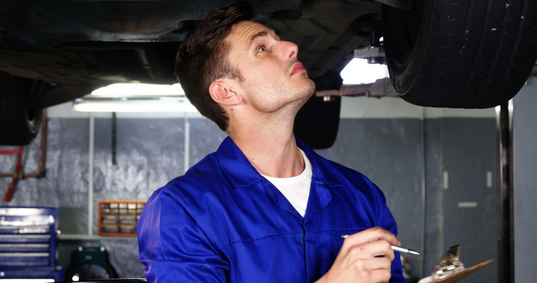 Mechanic Checking Car Undercarriage in Auto Repair Shop - Free Images, Stock Photos and Pictures on Pikwizard.com