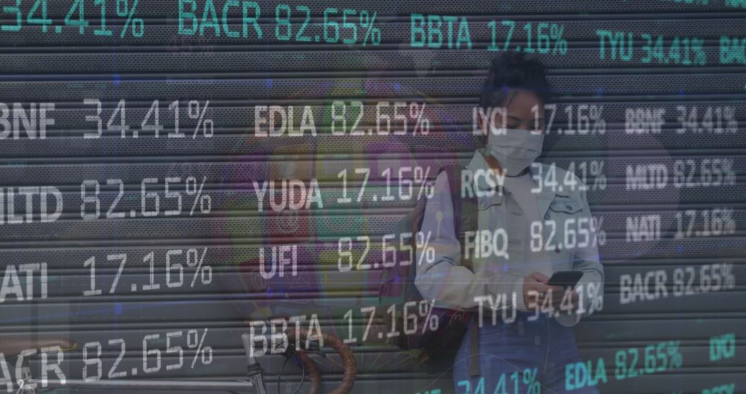 Masked Woman Observes Stock Market Digital Display Representing Covid-19 Impact
