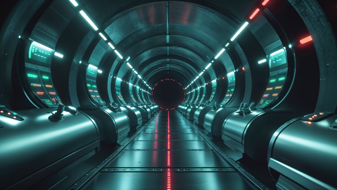 Futuristic Spaceship Corridor with LED Control Panels and Red Pathway