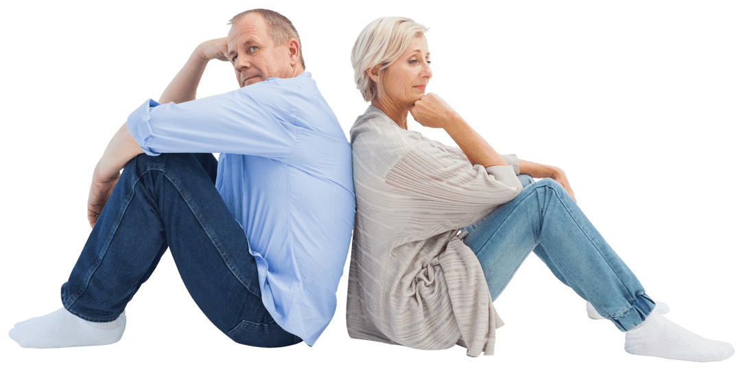 Transparent Mature Couple Sitting Back to Back in Conflict
