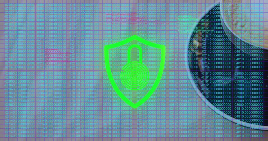 Neon shield with padlock and fingerprint over code grid hooded silhouette cybersecurity branding