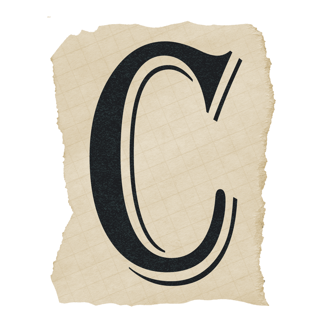 Vintage Black Serif Letter C on Torn Grid Paper Design
