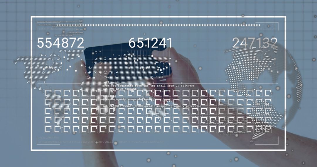 Hands Holding Smartphone with Digital Overlay in Futuristic Interface