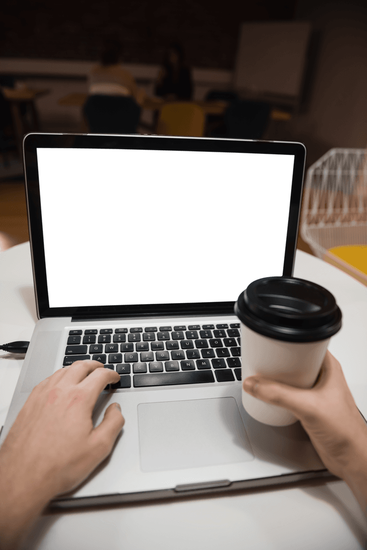 Working Executive Hands on Laptop with Coffee in Office, Transparent Screen