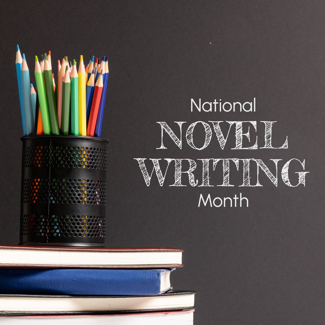 National Novel Writing Month with Colorful Pencils and Books