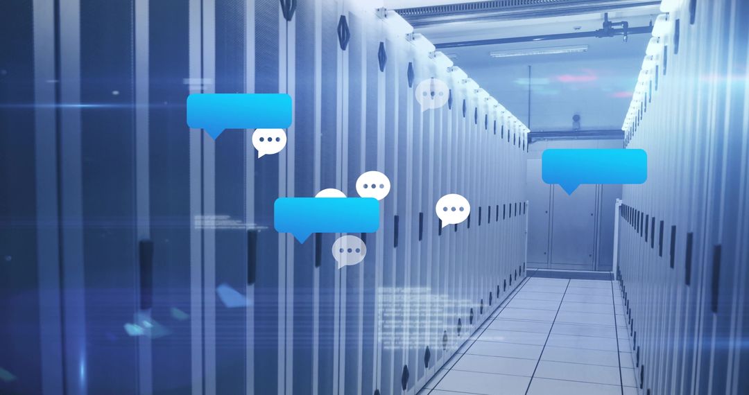 Digital Connection Within Modern Datacenter with Floating Speech Icons