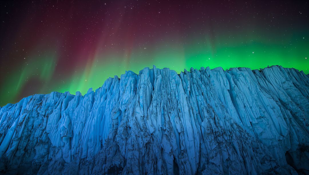 Glacier Ice Cliff Glowing Under Vibrant Aurora Borealis Over Starry Polar Night