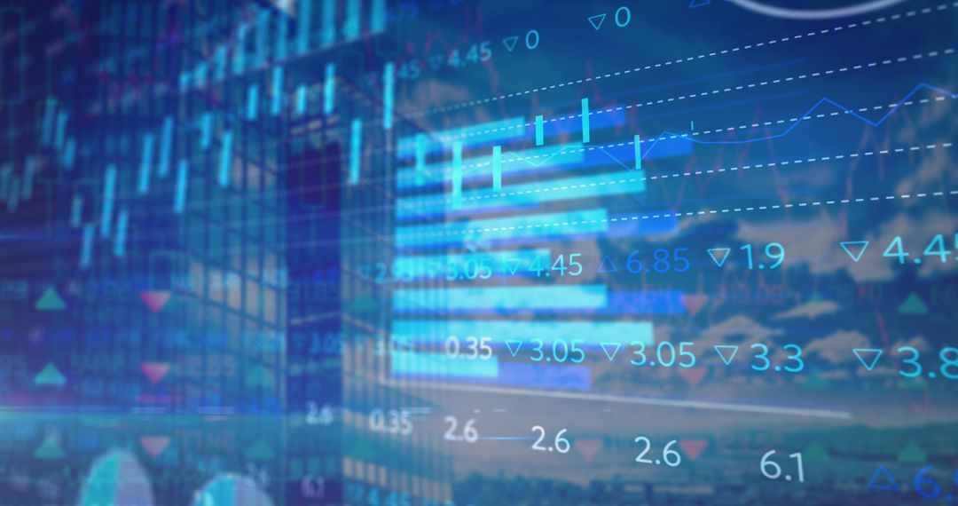 Futuristic Financial Data Overlay on Modern Architecture