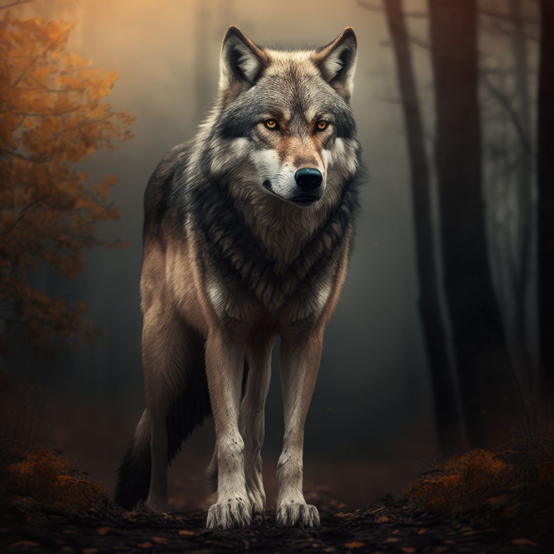 Majestic Grey Wolf in Misty Forest During Autumn - Free Images, Stock Photos and Pictures on Pikwizard.com