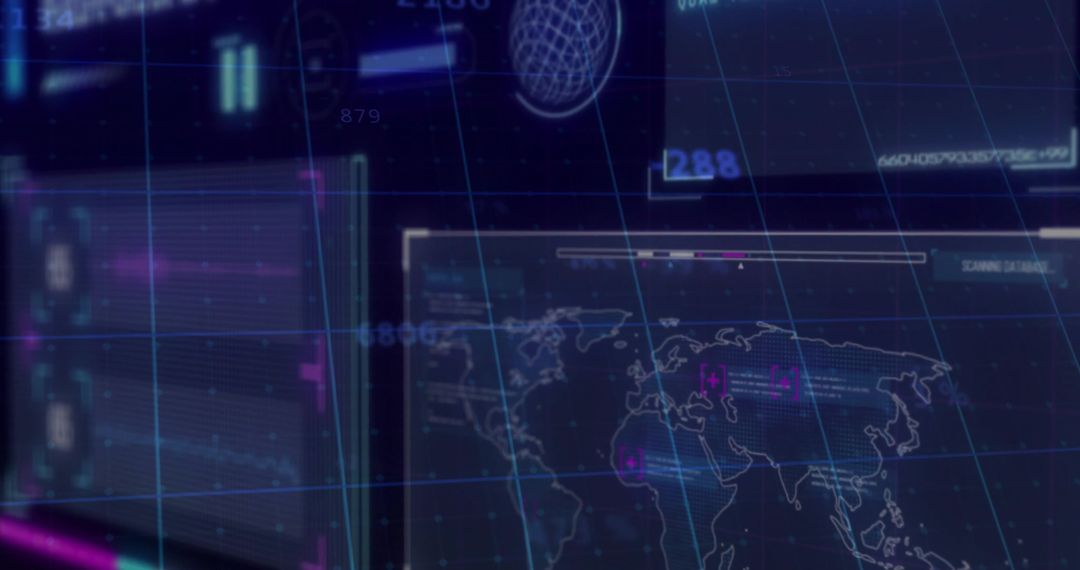 Holographic World Map Displaying Neon Cyberpunk UI Analytics with Wireframe Globe and Gridlines