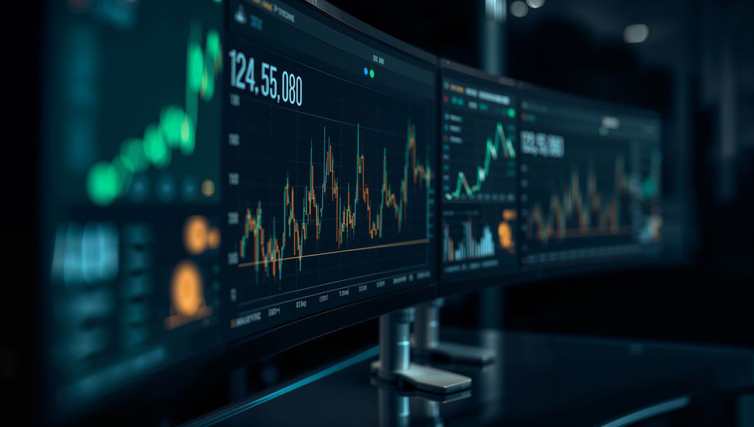 Futuristic Trading Desk with Data Visualization on Monitors