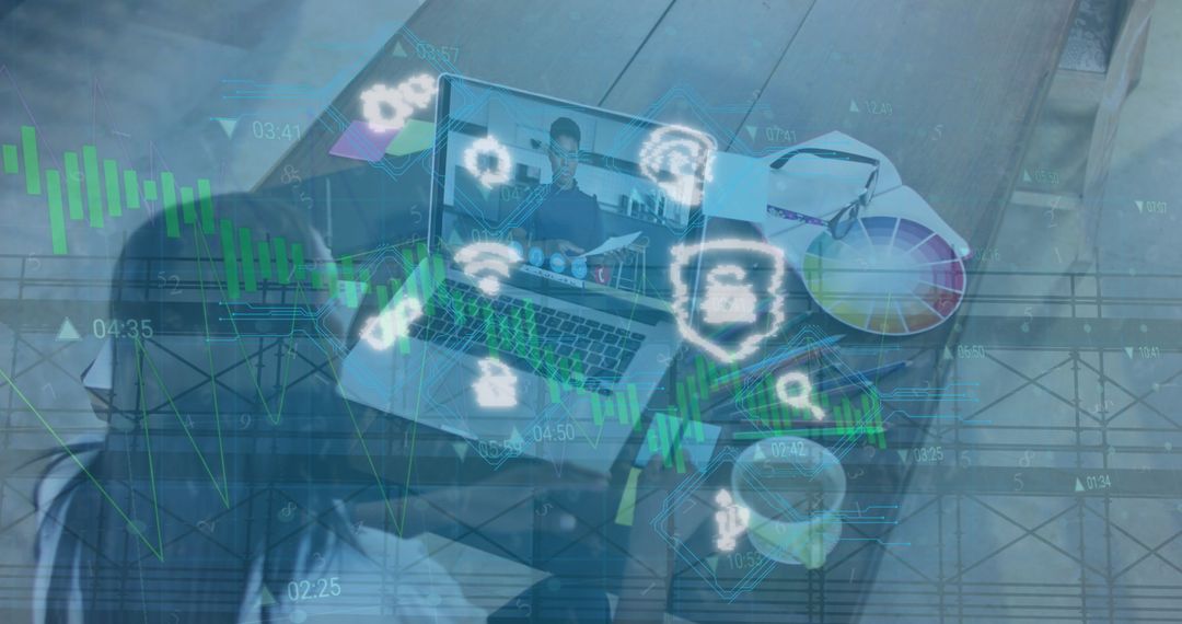 Remote Work Collaboration in Home Office with Digital Interface Overlay