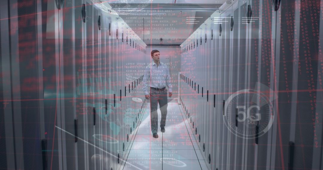 Caucasian Engineer Walking in High-Tech Server Room with Data Overlay