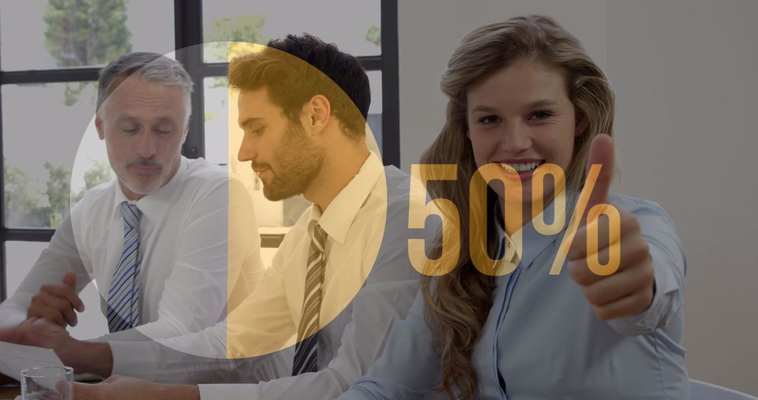 Business Team Analyzing Financial Data with 50% Growth Visualization