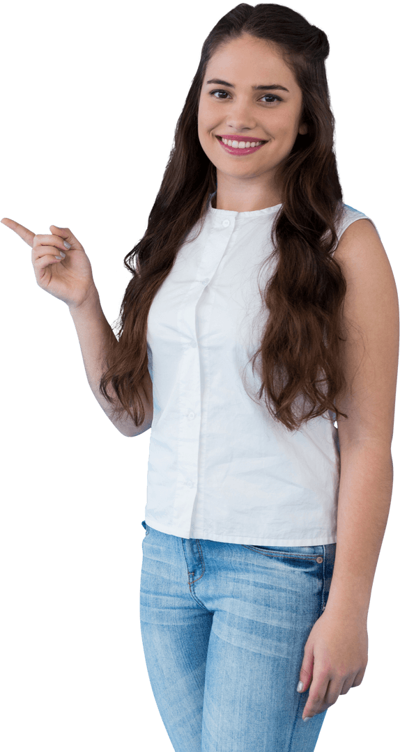 Transparent Young Woman Smiling and Gesturing Pointing Finger
