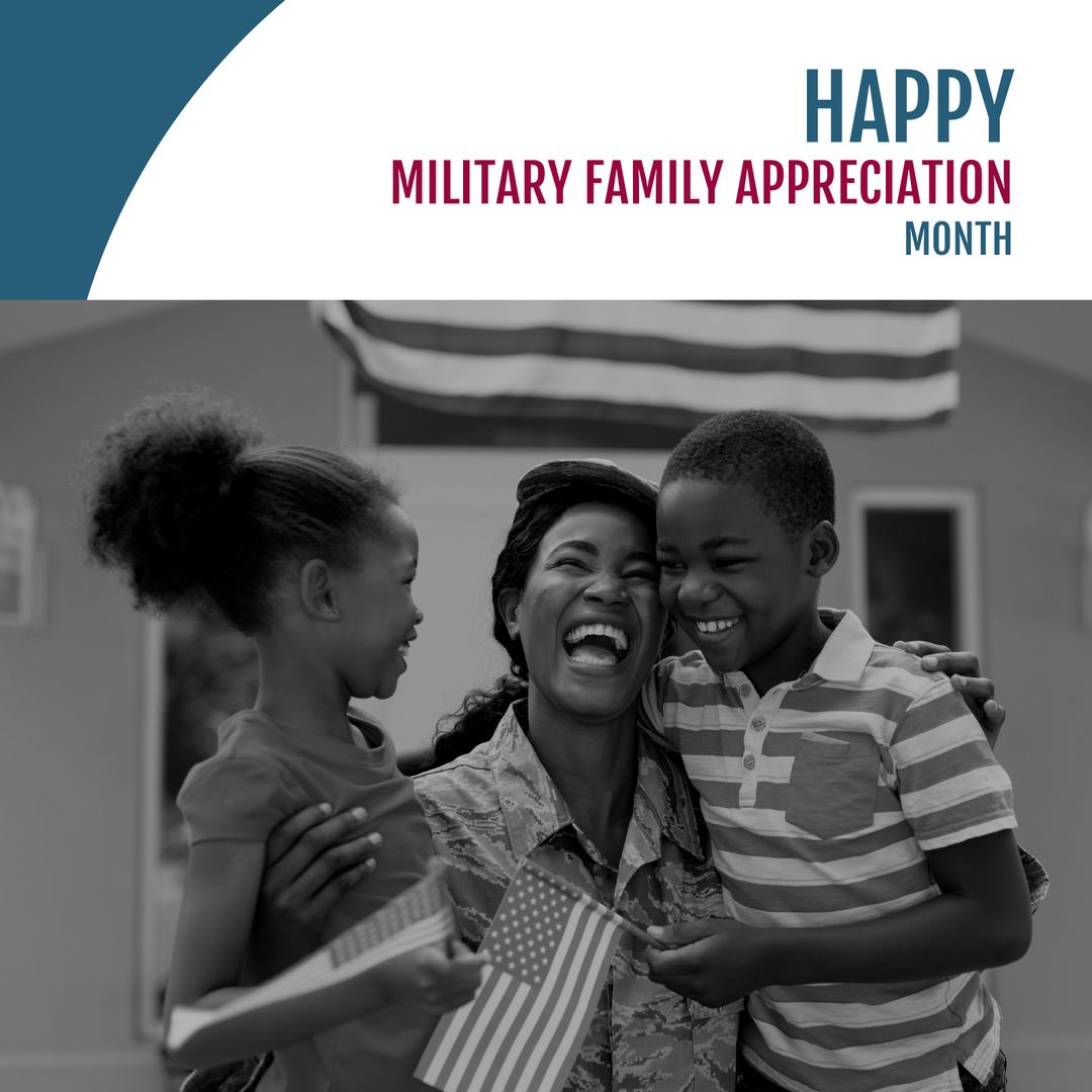 Joyful Military Family Celebrating Together With Flags