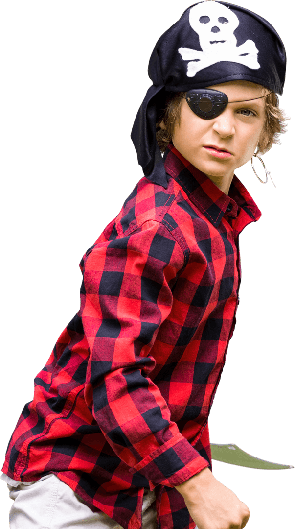 Confident Boy in Pirate Attire with Checkerboard Shirt on Transparent Background