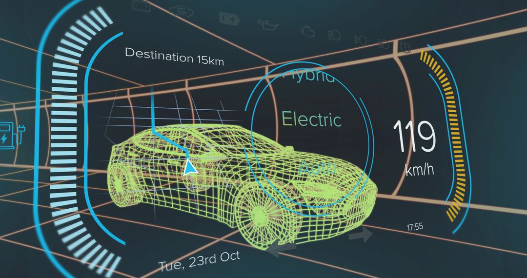 Futuristic AI-Driven Wireframe Car with Digital Dashboard Innovations