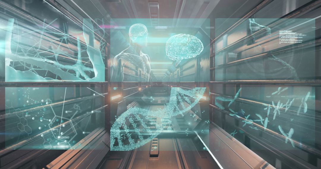 Futuristic Medical Data Interface with Brain and DNA Graphics