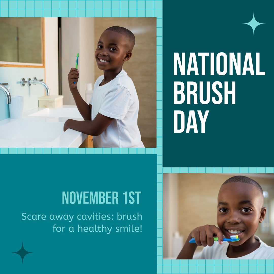 Smiling Young Boy Brushing Teeth on National Brush Day