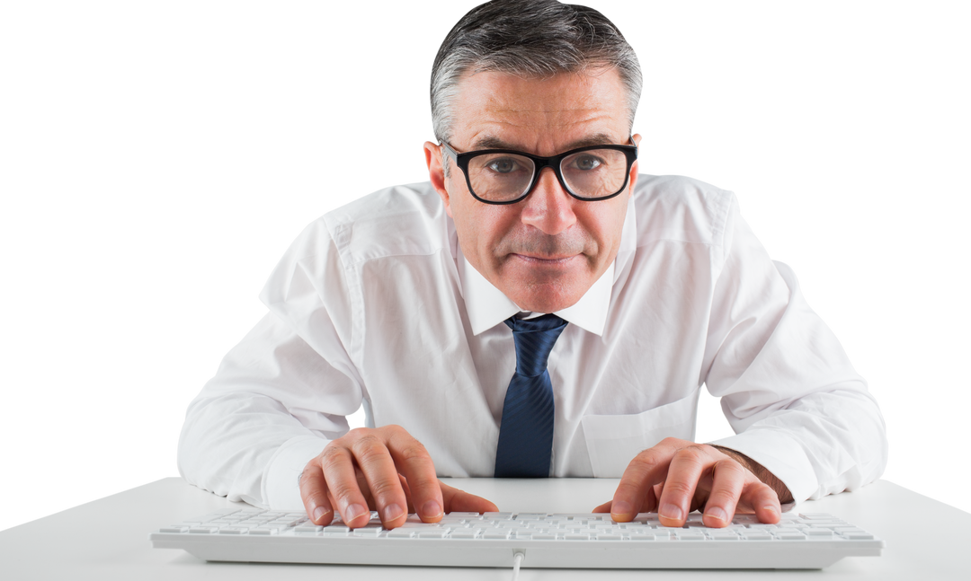 Mature Businessman Typing on White Keyboard Looks Concentrated Transparent Background - Download Free Stock Images Pikwizard.com