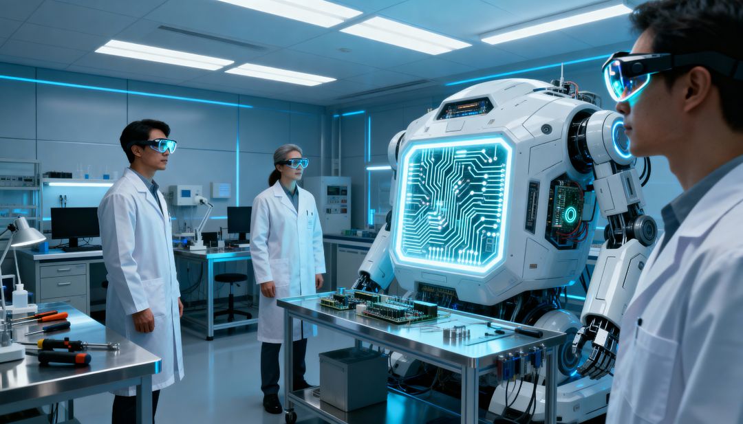 Researchers Assembling Advanced Humanoid Robot Circuitry Using Augmented Reality Goggles in Laborato