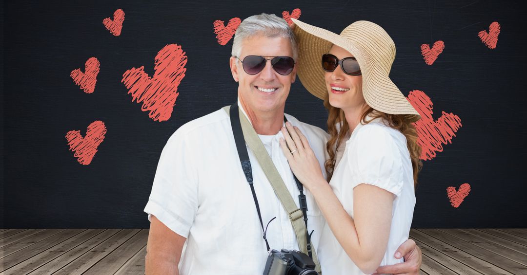 Smiling Mature Couple with Sketched Hearts Celebrating Love