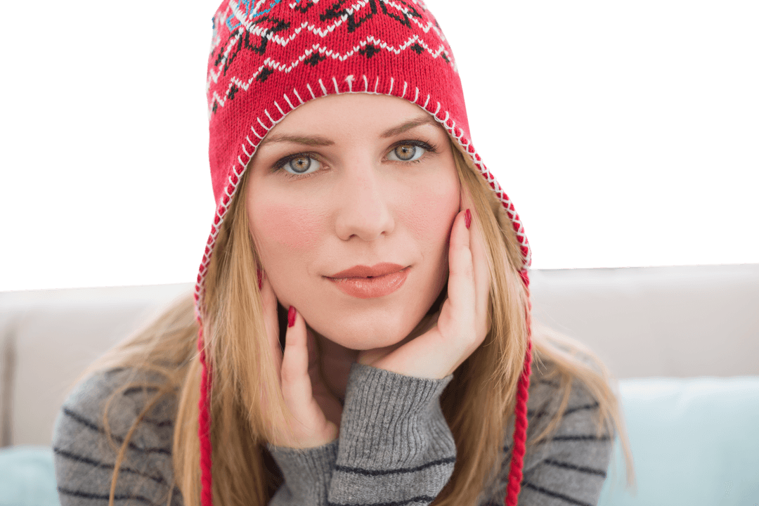 Caucasian Woman Wearing Winter Cap in Transparent Background