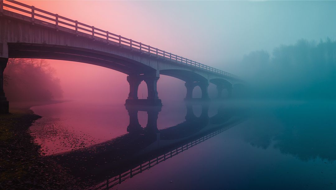 Misty Dawn: Bridge Reflections Over Calm River in Serene Landscape
