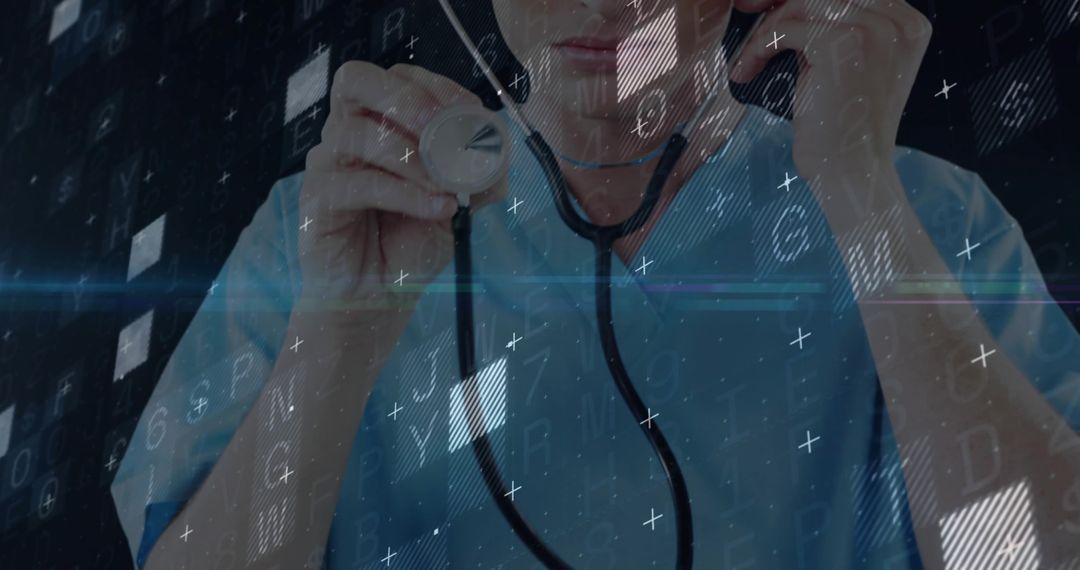Doctor in Blue Scrubs Using Stethoscope with Digital Interface and Codes