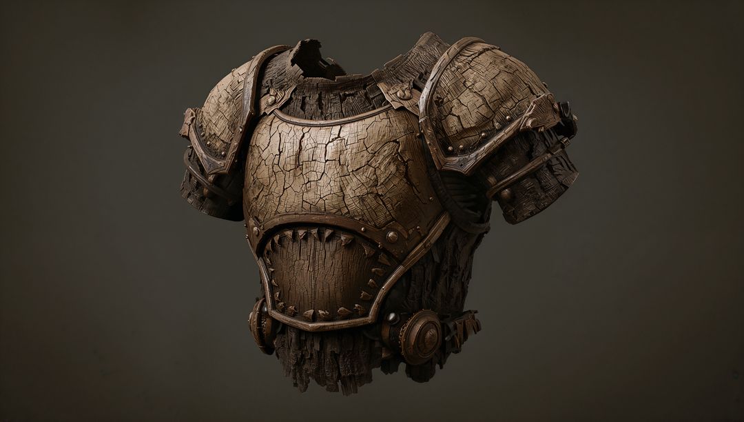 Weathered Wooden and Bronze Armor Cuirass With Cracked Texture Floating on Dark Backdrop