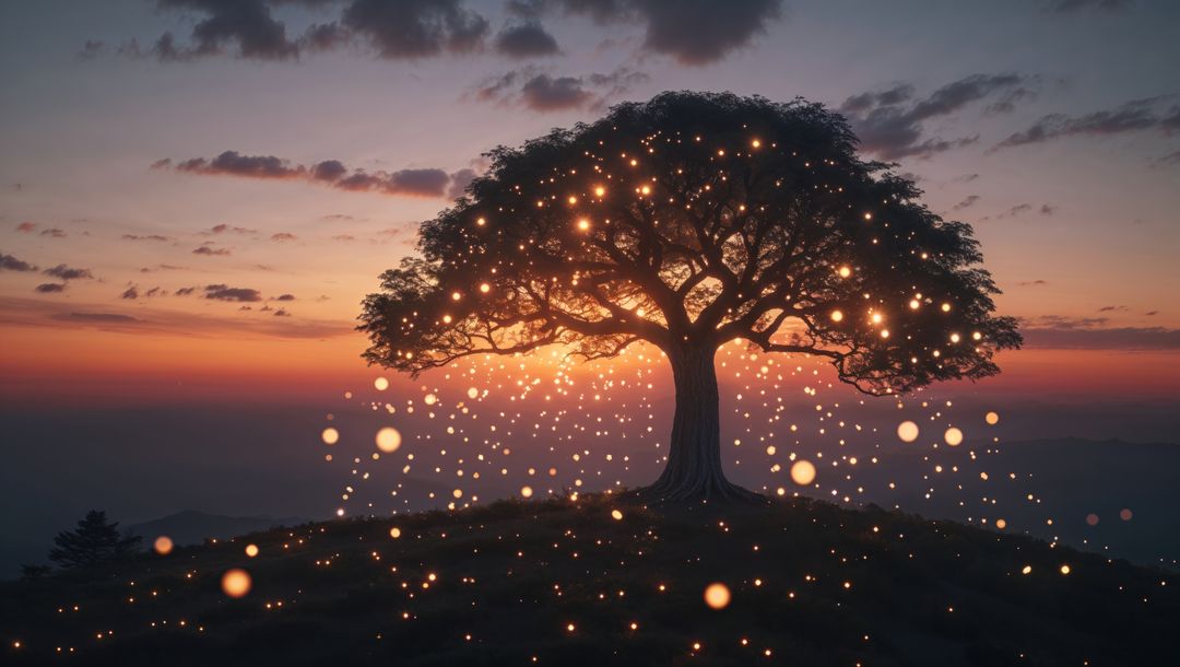 Enchanted dreaming tree with magical light orbs at sunset