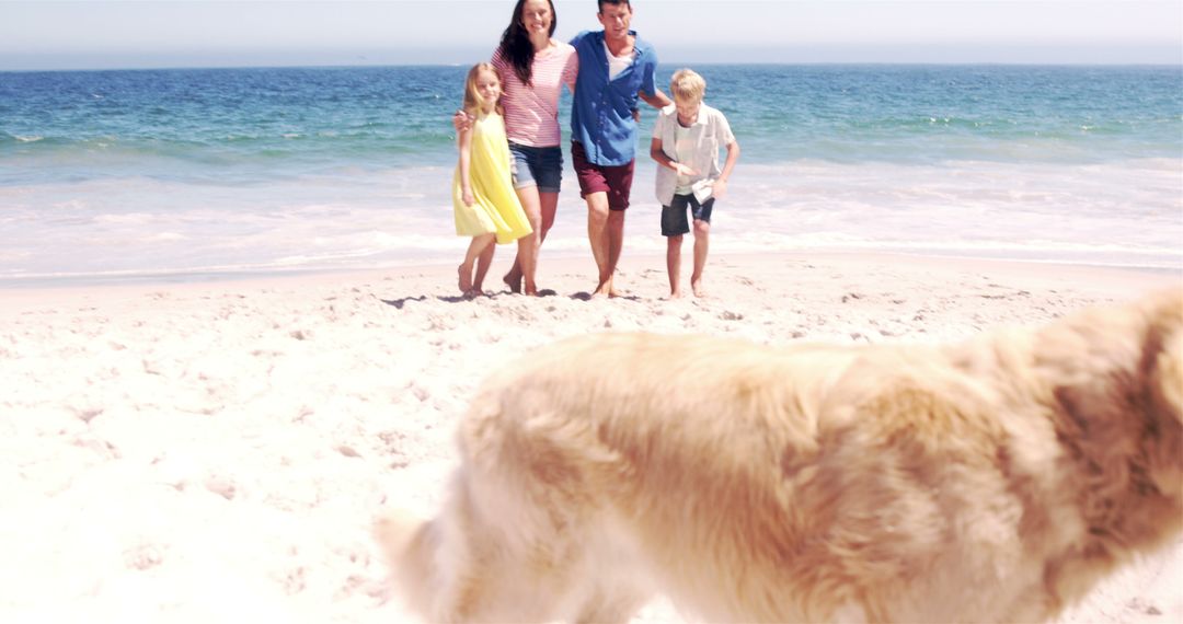 Happy Family Walking Along Beach with Golden Retriever on Sunny Day - Free Images, Stock Photos and Pictures on Pikwizard.com