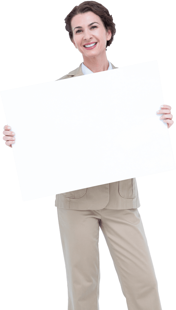 Smiling Businesswoman Holding Transparent Blank Sign for Your Message