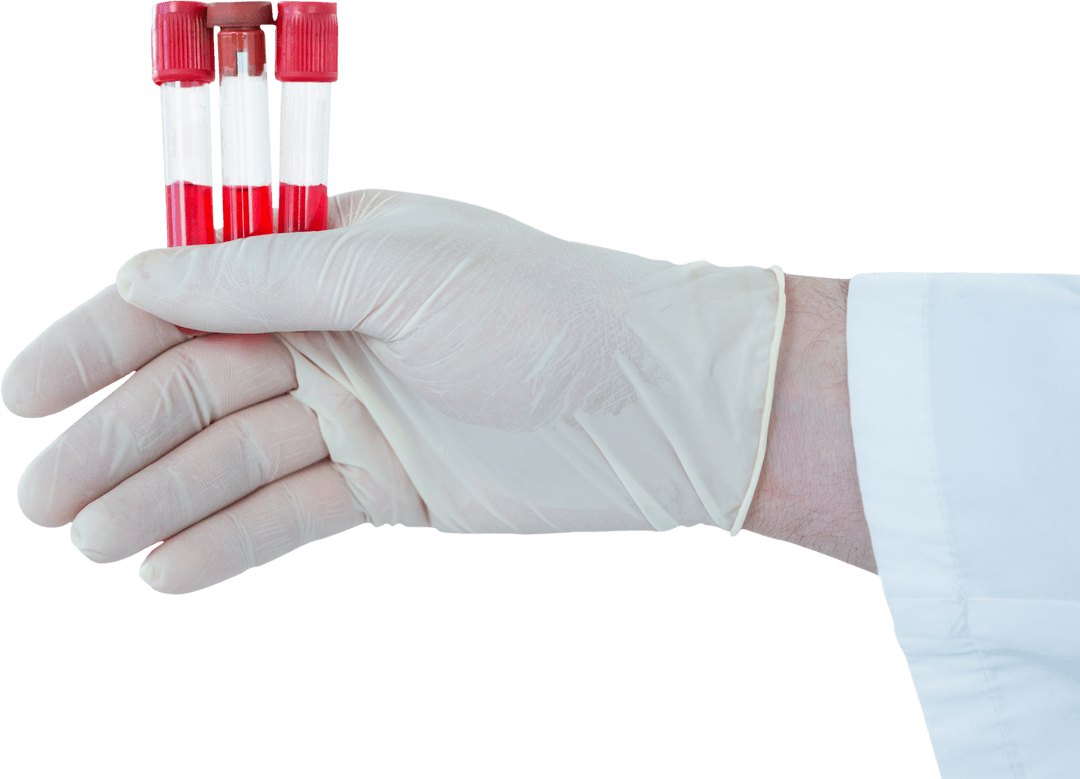 Transparent Close-Up Hand with Medical Glove Holding Test Tubes
