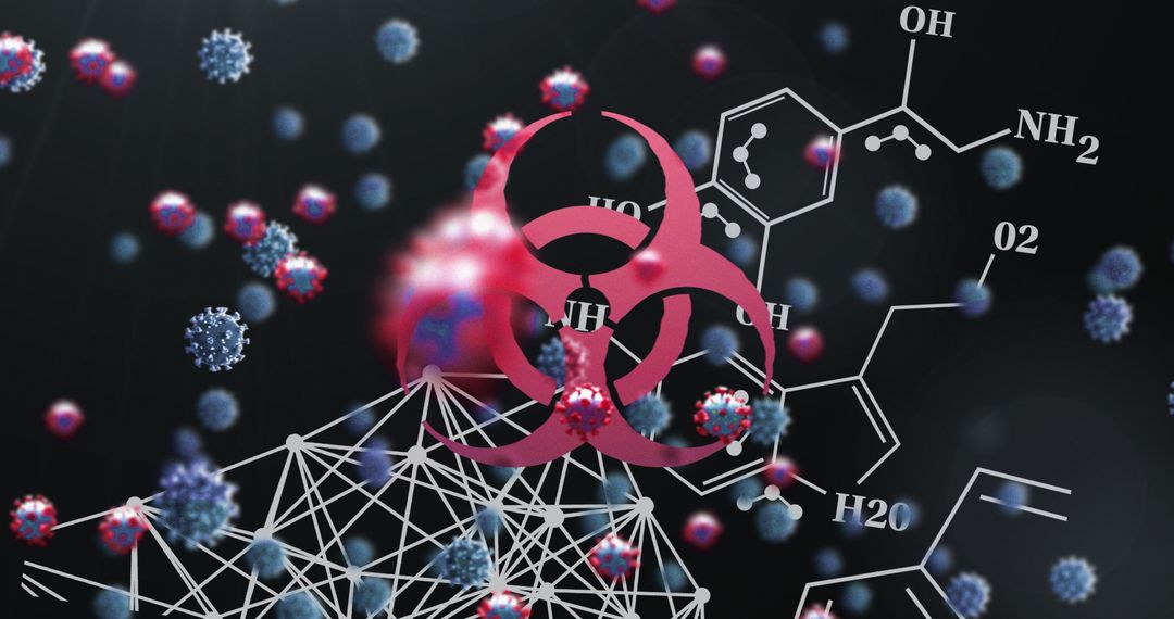 Virus Cells with Biohazard Symbol and Molecular Network