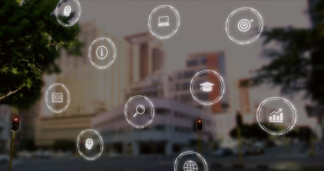 Cityscape with Digital Icons Representing Technology and Education