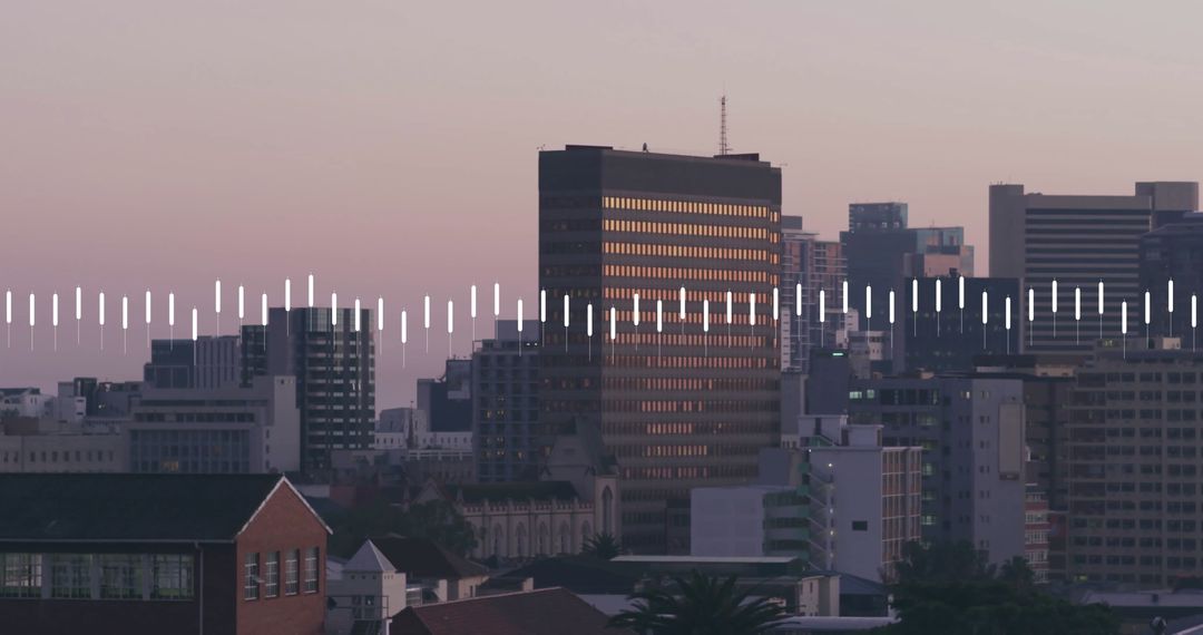 Financial Data Streams Across Modern Cityscape as Day Rises