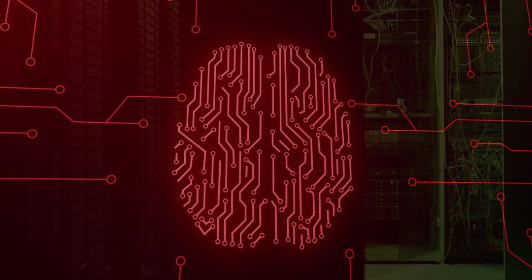 Digital Brain and Circuitry Overlaid on Data Server Room