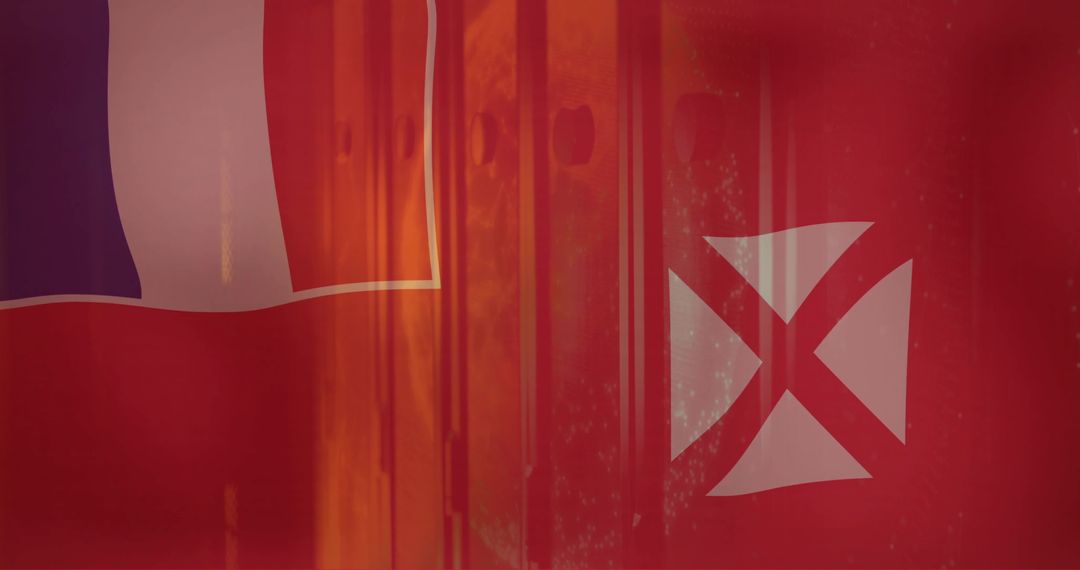 Close-up Red Flag Showing White Saltire Emblem and Tricolor Stripe on Textured Fabric