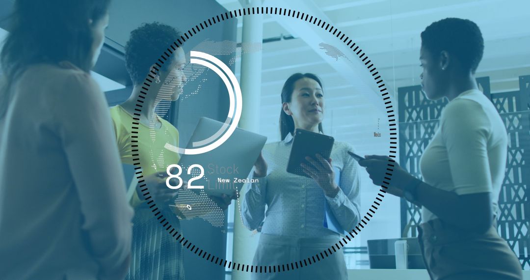 Digital Interface with Business Team Discussion in Modern Office