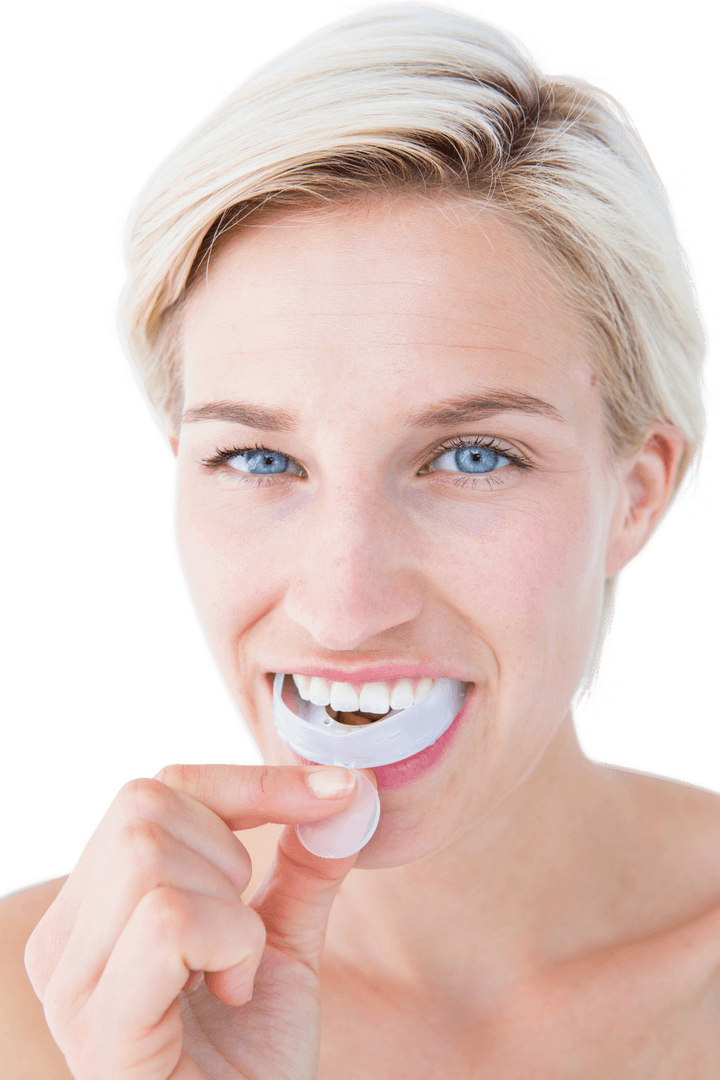 Caucasian Woman Applying Teeth Whitening On Transparent Background