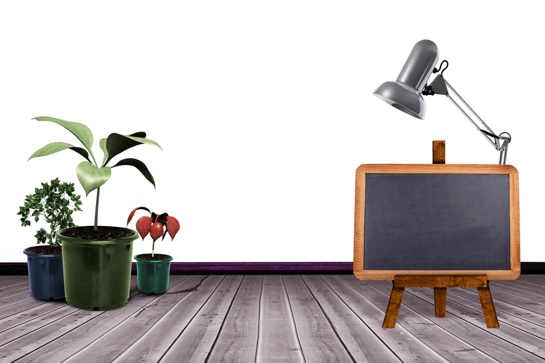 Transparent Blackboard with Lamp and Plants Vector Illustration