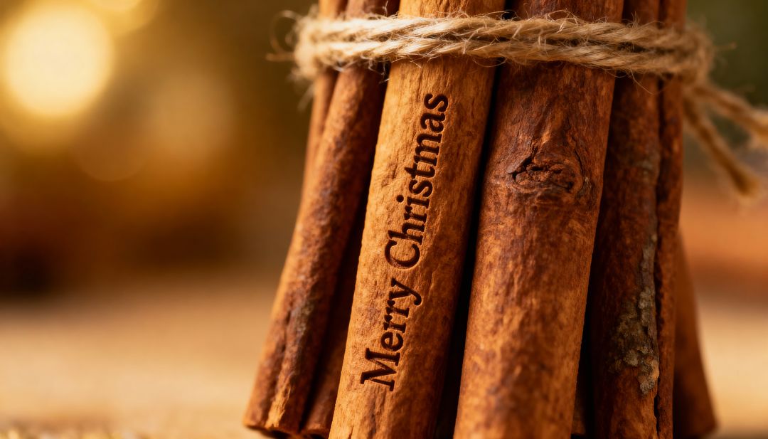 Rustic Cinnamon Bundle Engraved Merry Christmas Sticks Tied with Twine Warm Holiday Bokeh