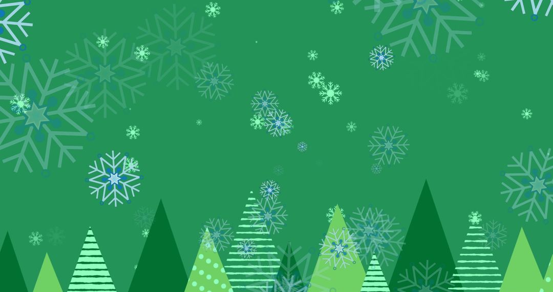 Festive Green Background with Decorative Snowflakes and Christmas Trees