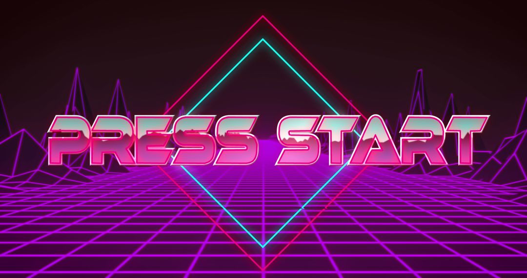 Retro Neon Press Start Design with Grid and Shapes