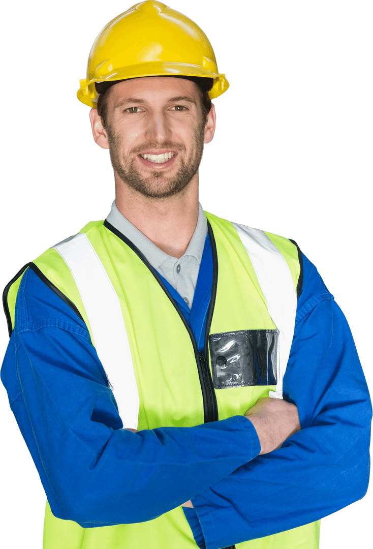 Smiling Warehouse Worker with Hard Hat and Reflective Vest Transparent Background