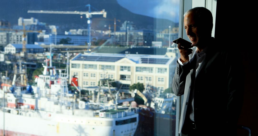 Businessman Making Phone Call in Urban Office Overlooking Industrial Harbor - Free Images, Stock Photos and Pictures on Pikwizard.com